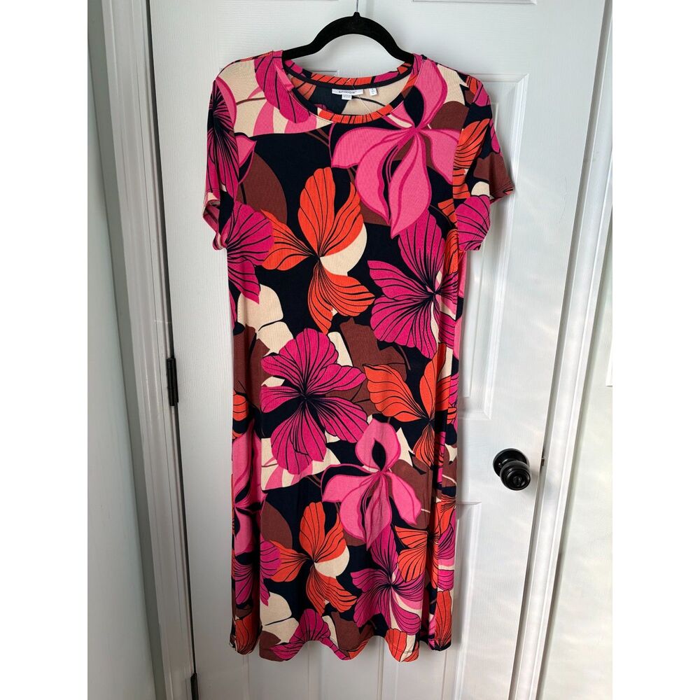 Chico’s Bold Artsy Lagenlook Fall Floral Maxi Dress Pink Short Sleeve Size 2 L